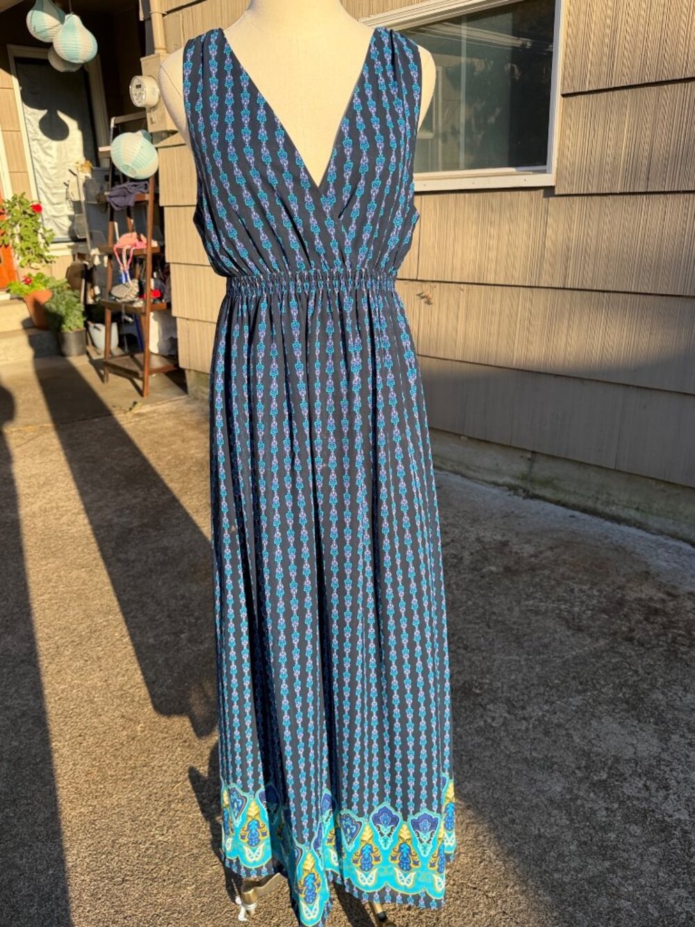 Mossimo Black Blue Paisley V Neck Elastic Waist Maxi Dress L Boho Resortwear